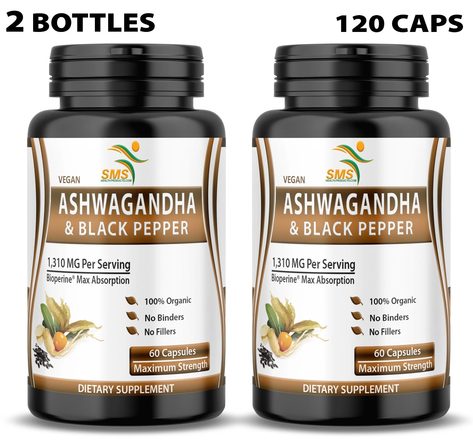Ashwagandha Capsules Serving Capsules W/Black Pepper Root Powder Organic 120 Cap
