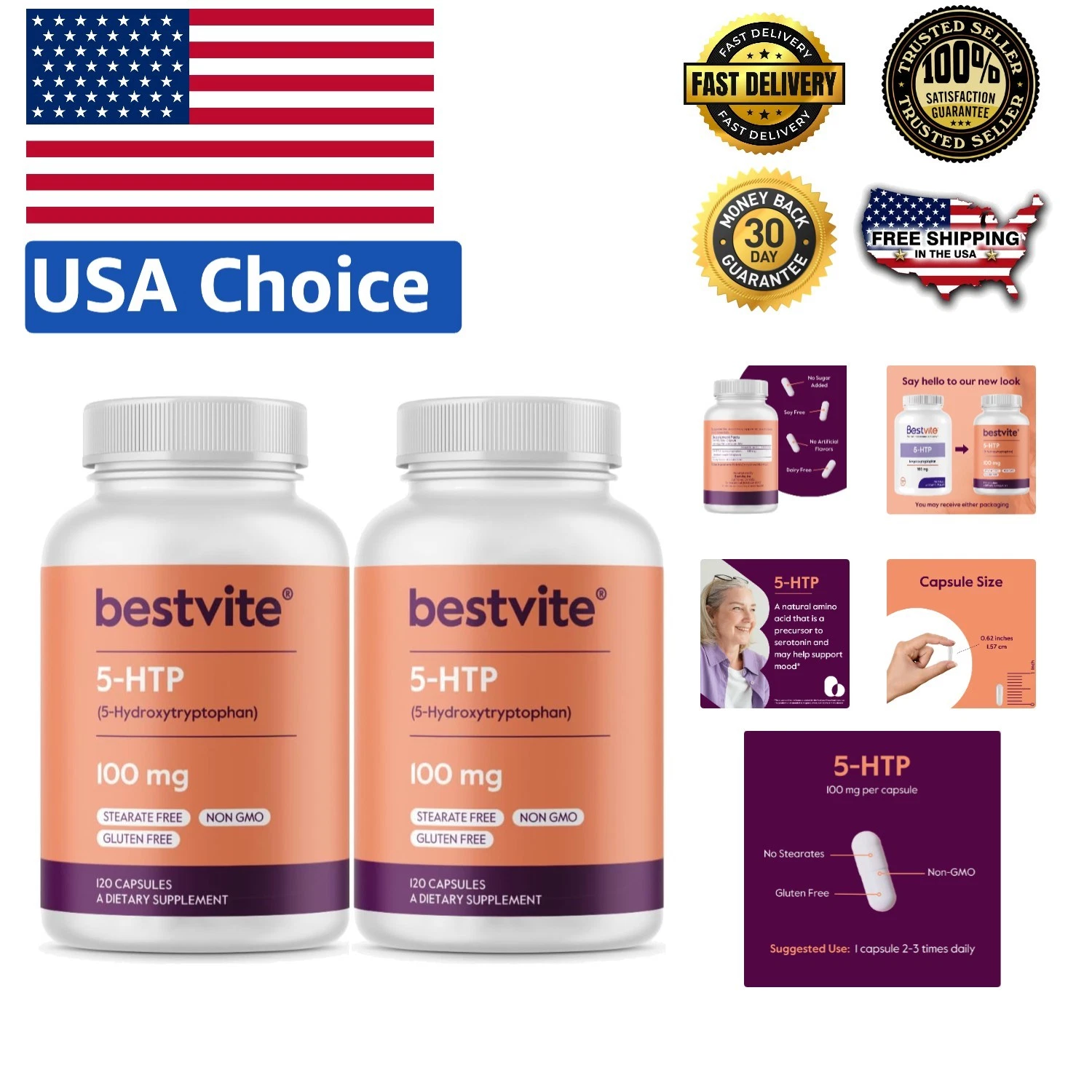 Pure 5-HTP 100mg Capsules - 240 Formula for Emotional Balance & Well-Being