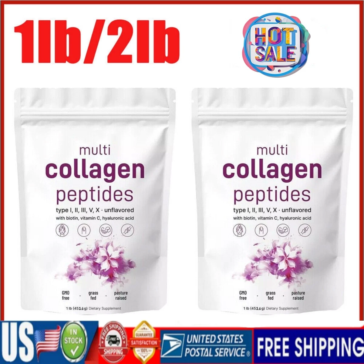 Multi Collagen Peptides Powder - Hydrolyzed Protein Peptides -Type I,II,III,V,X-