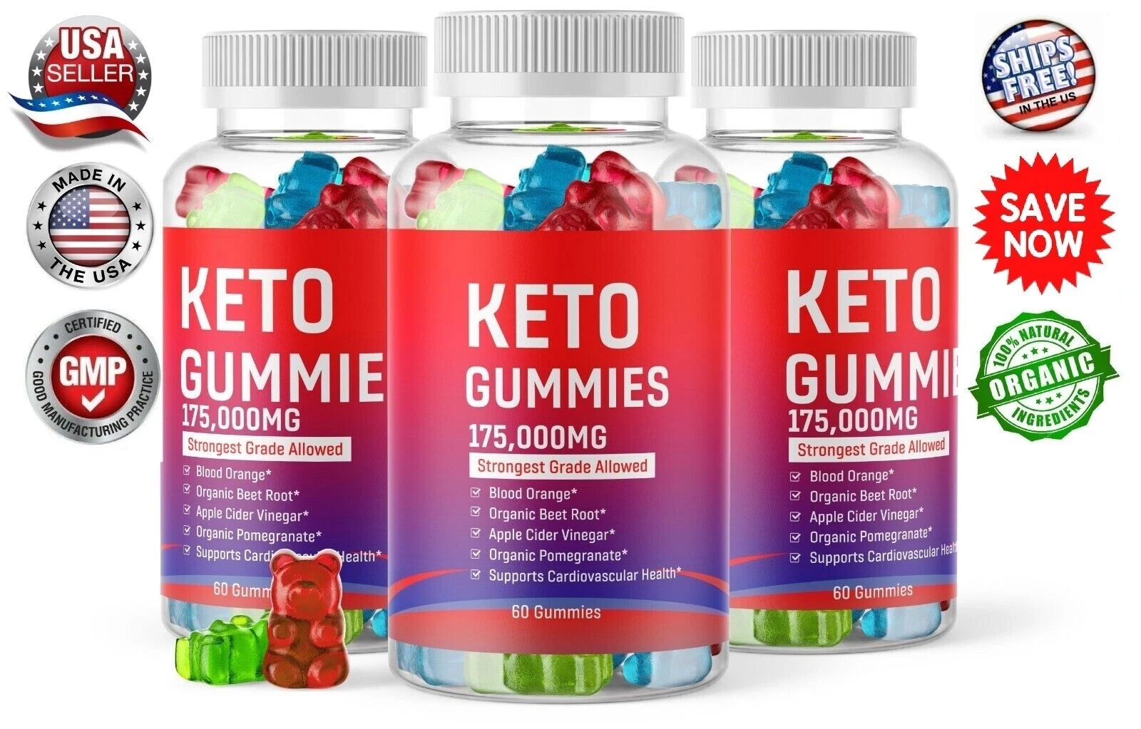 3 x Keto Slimming Gummies 175,000mg Apple Cider Vinegar ACV Weight Loss 60 USA
