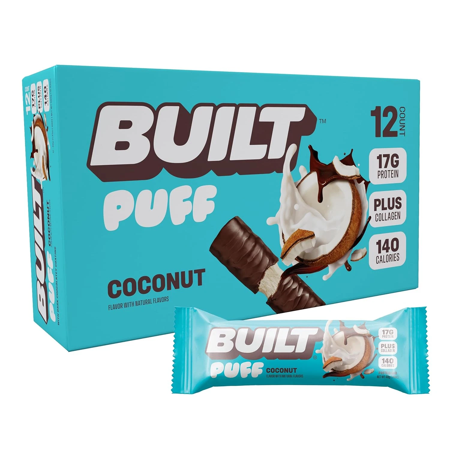 Built Bar Puff Protein Bars,17g Protein, 6g Sugar, Gluten Free, 12 Count Coconut