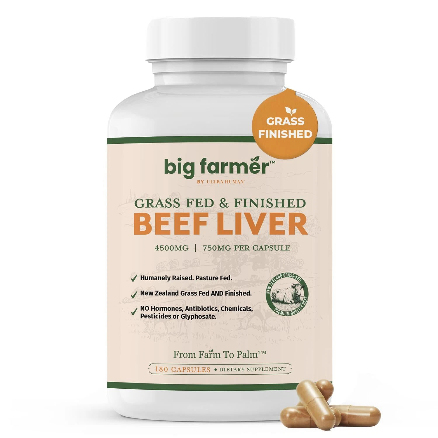 BIG FARMER 180 Beef Liver Capsules - 100% Grass Fed & Finished Beef Liver