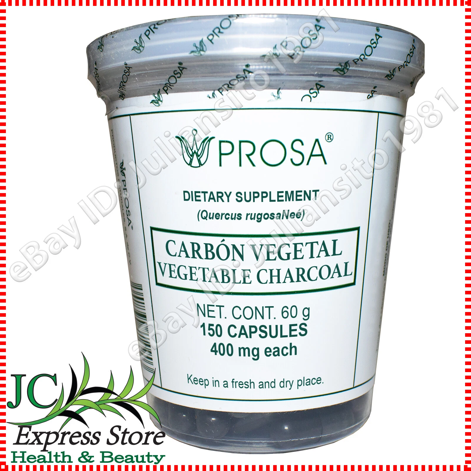 VEGETABLE CHARCOAL 150 CAPSULES 400 MG CARBON VEGETAL PROSA DIGESTIVE SYSTEM