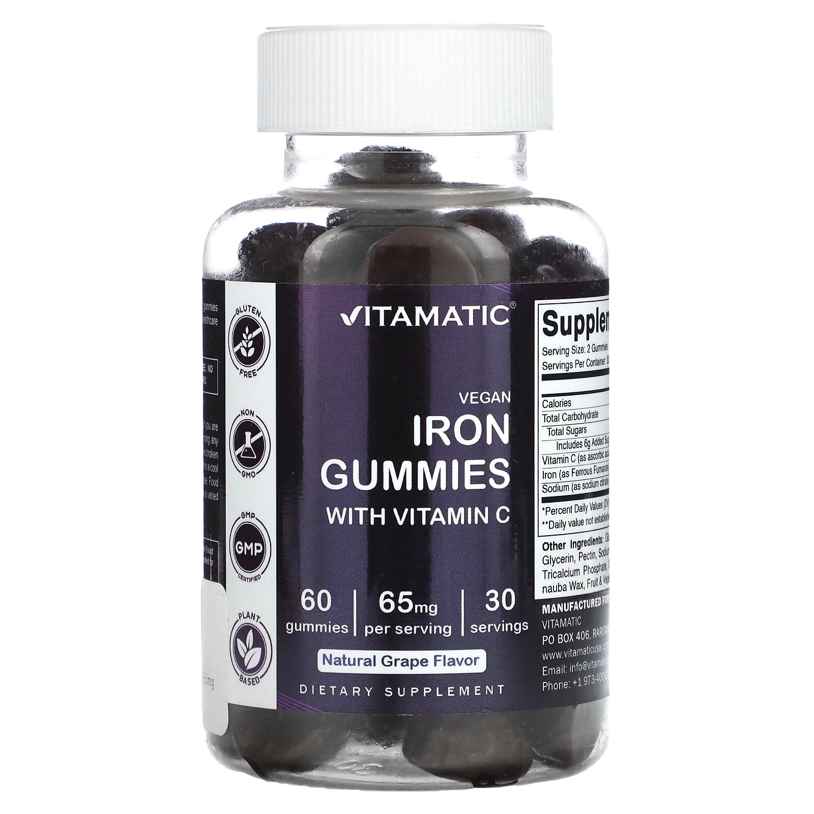 2 X Vitamatic, Vegan Iron Gummies with Vitamin C, Natural Grape, 60 Gummies