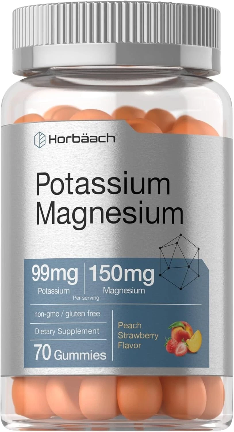 Horbäach Potassium Magnesium Supplement Gummies | 70 Count | 99mg Magnesium | 15