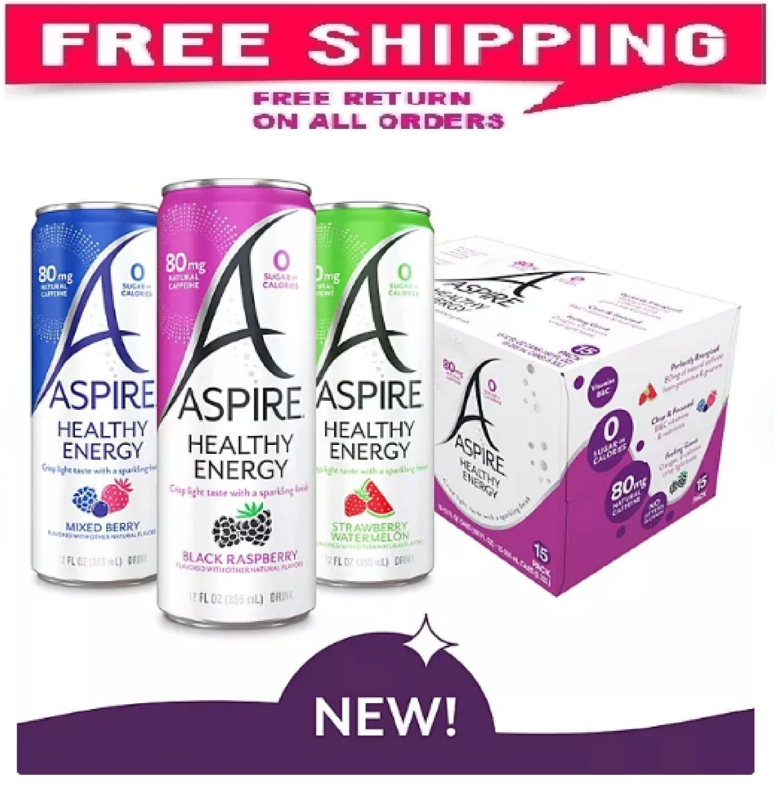 Aspire Healthy Energy Drinks Variety Pack, 12 fl. oz., 15 pk.