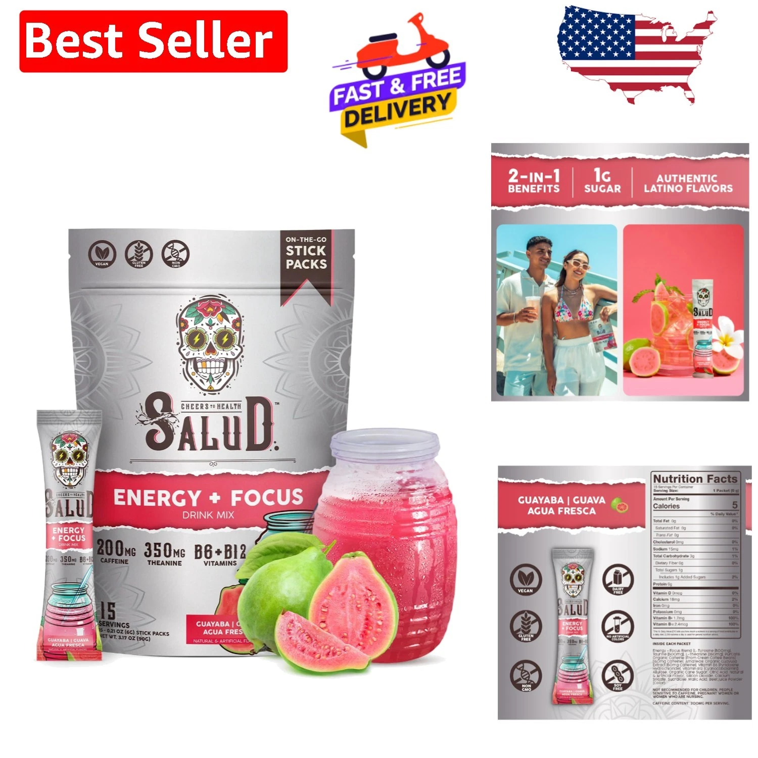 Salud Clean Energy Drink Powder - Guava Flavor, & Gluten-Free, 15 Servings