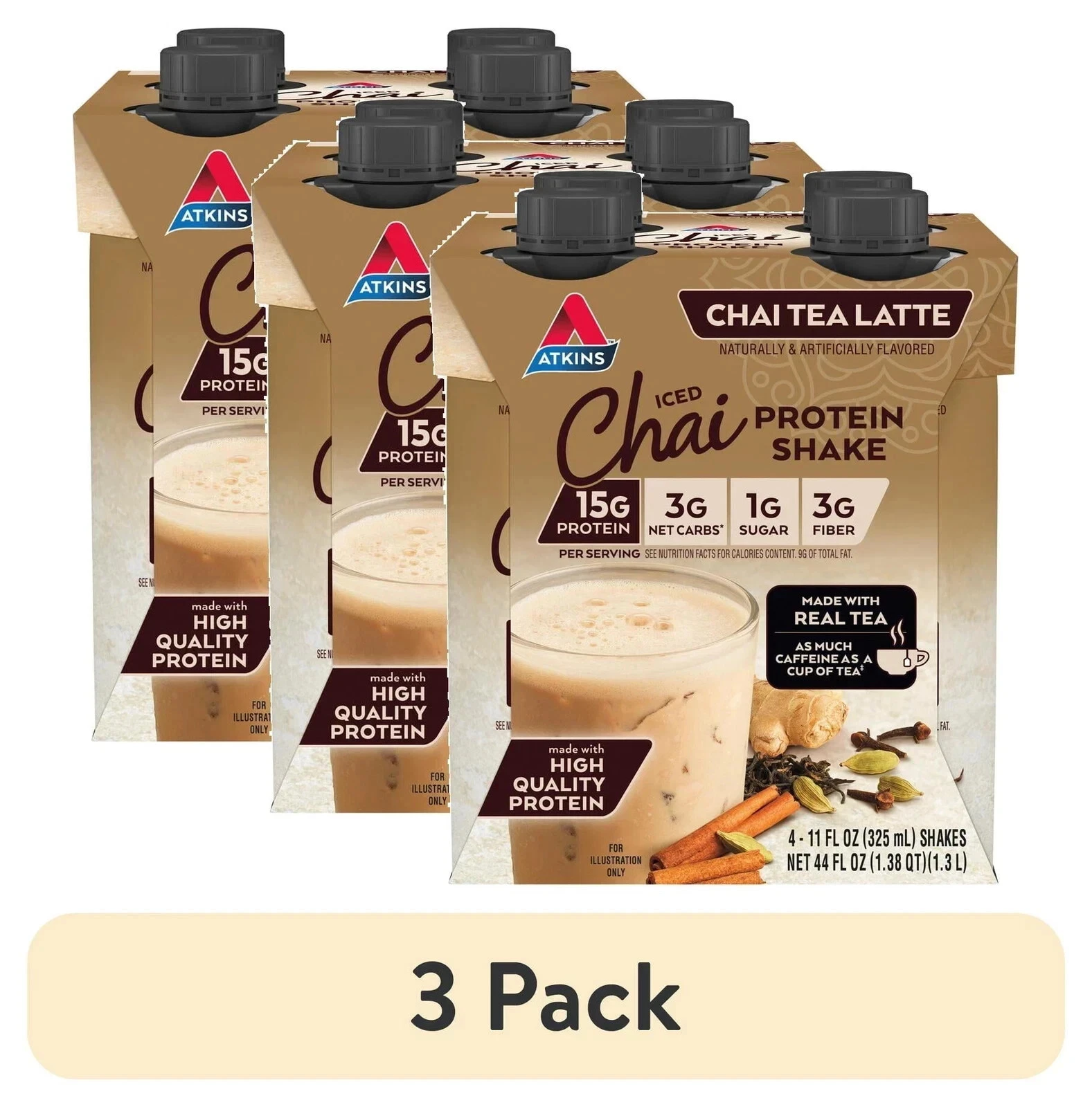 Atkins Iced Protein Shake, Keto Friendly, Chai Latte (Pack of 3)
