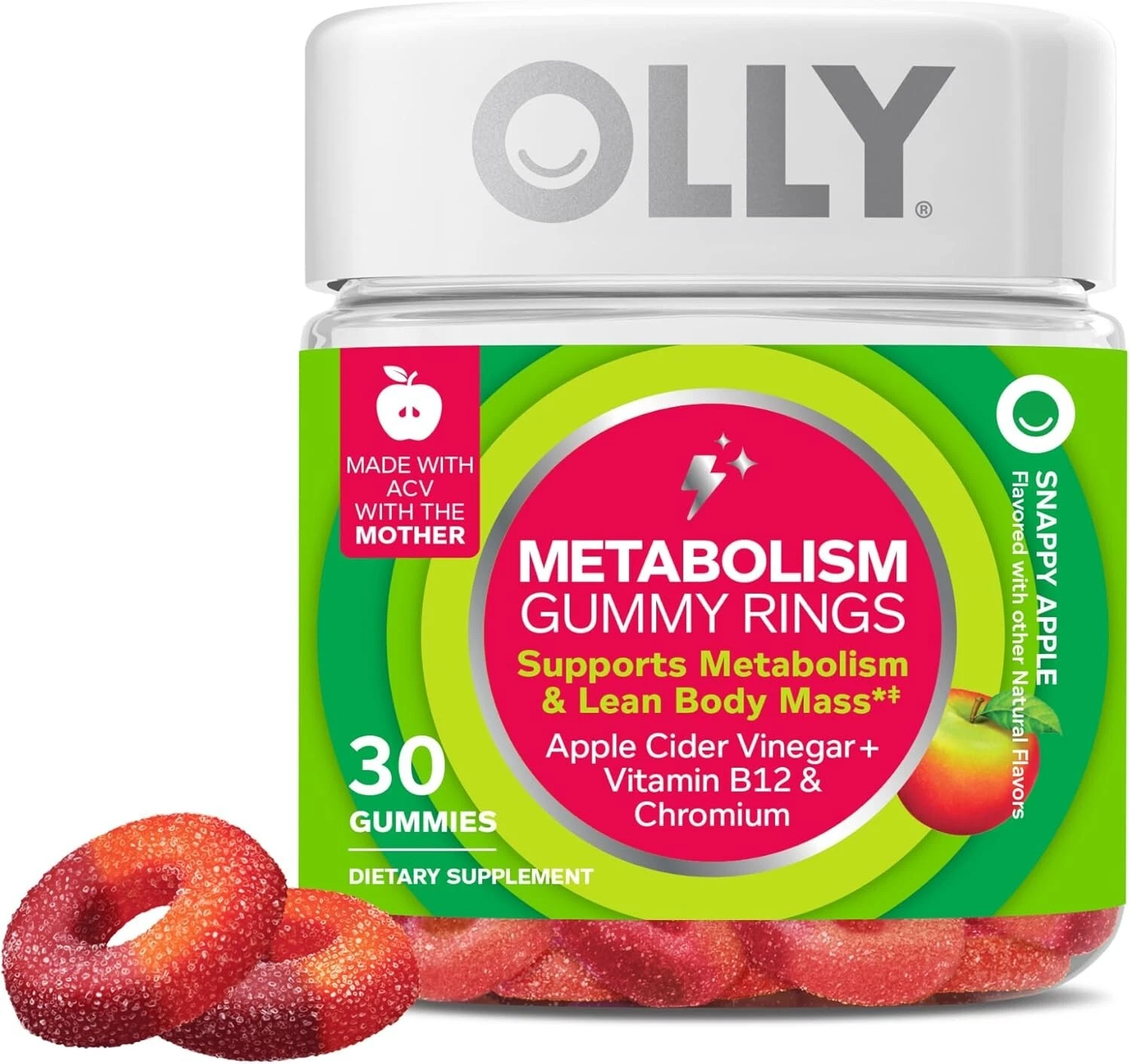 OLLY Metabolism Gummy Rings Apple Cider Vinegar, Vitamin B12, Chromium 30 Count