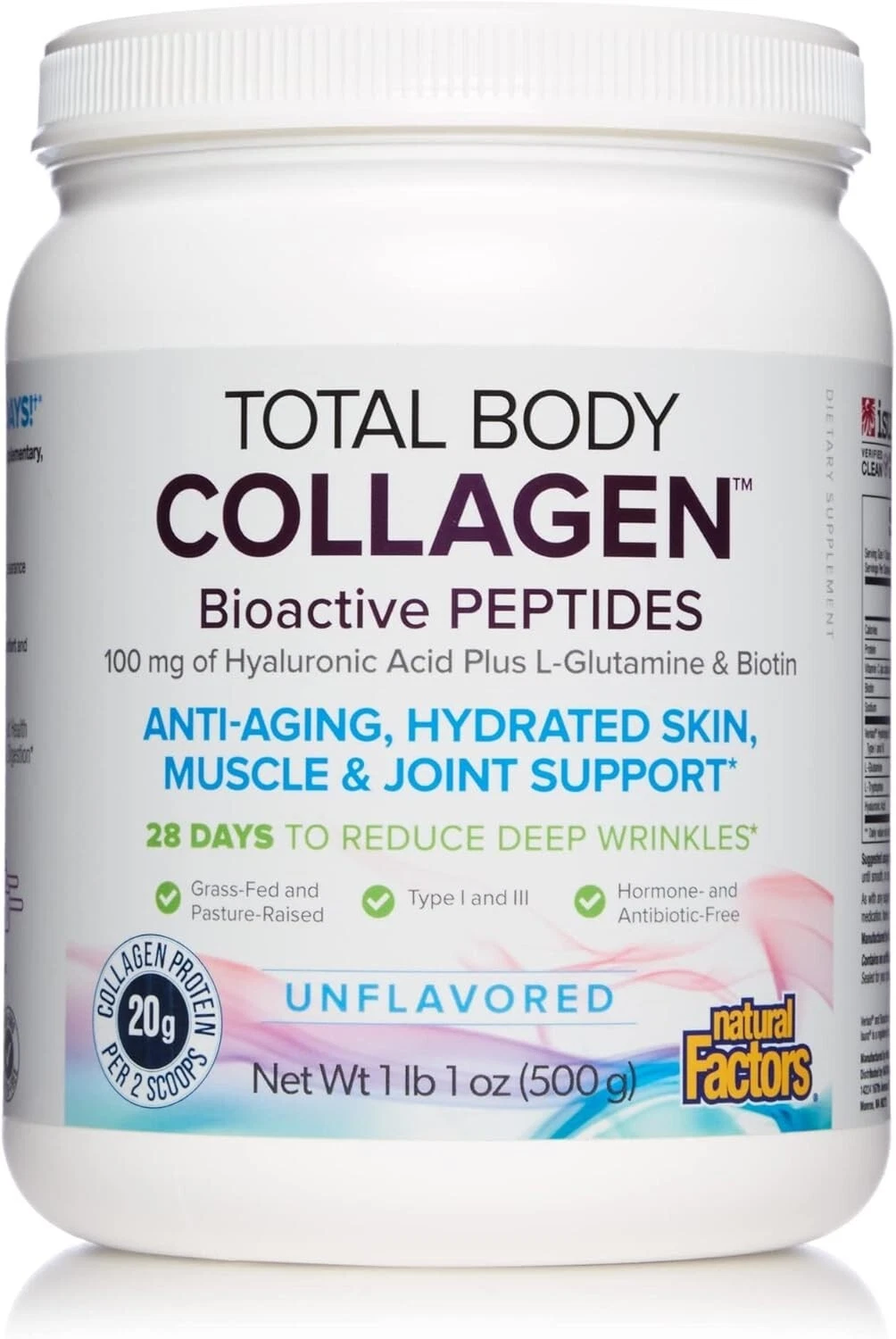 Natural Factors Total Body Collagen Powder, Bioactive Peptides, Unflavored, 500g