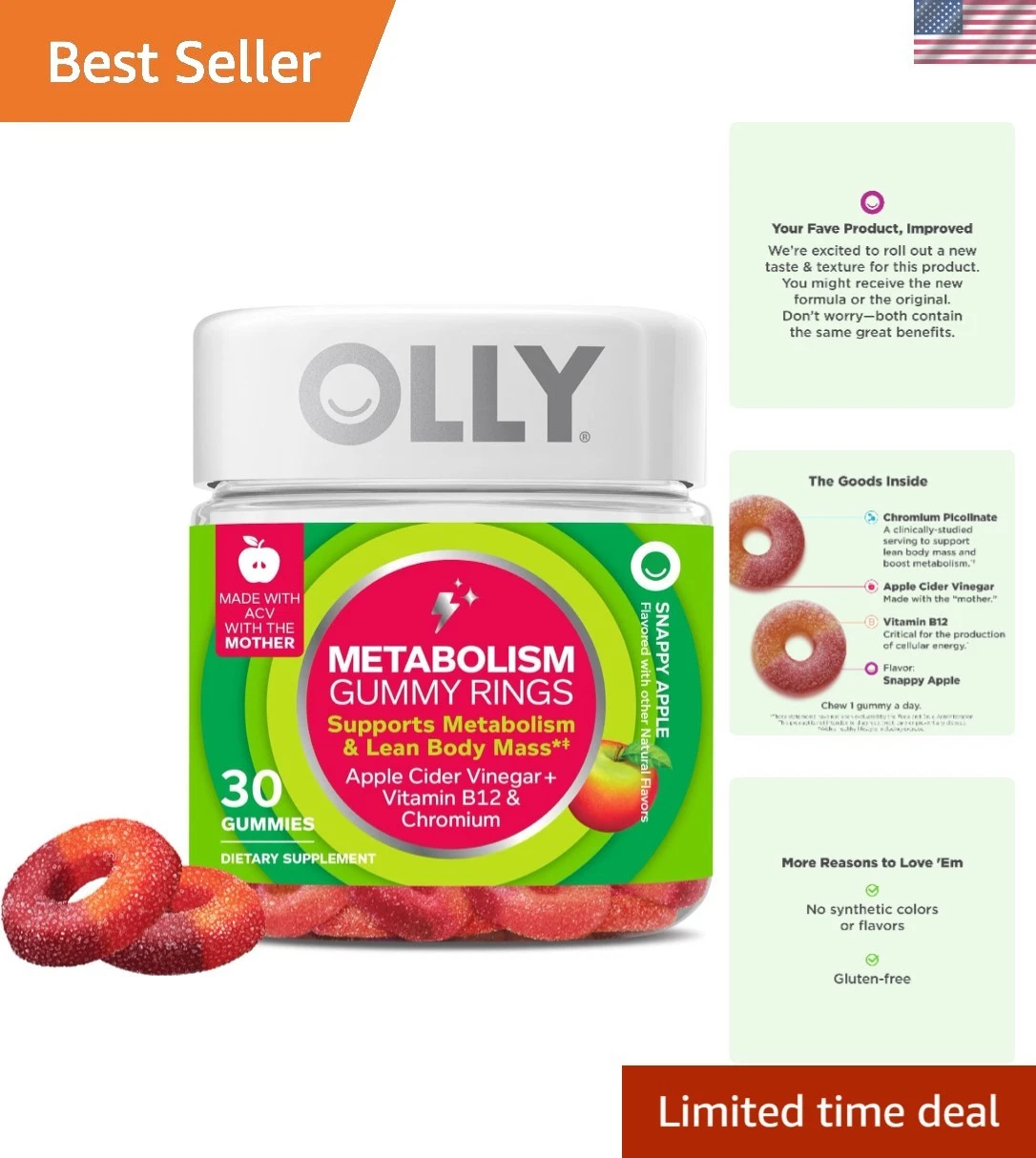 Metabolism Gummy Rings, Apple Cider Vinegar, Vitamin B12, Chromium, Energy an...