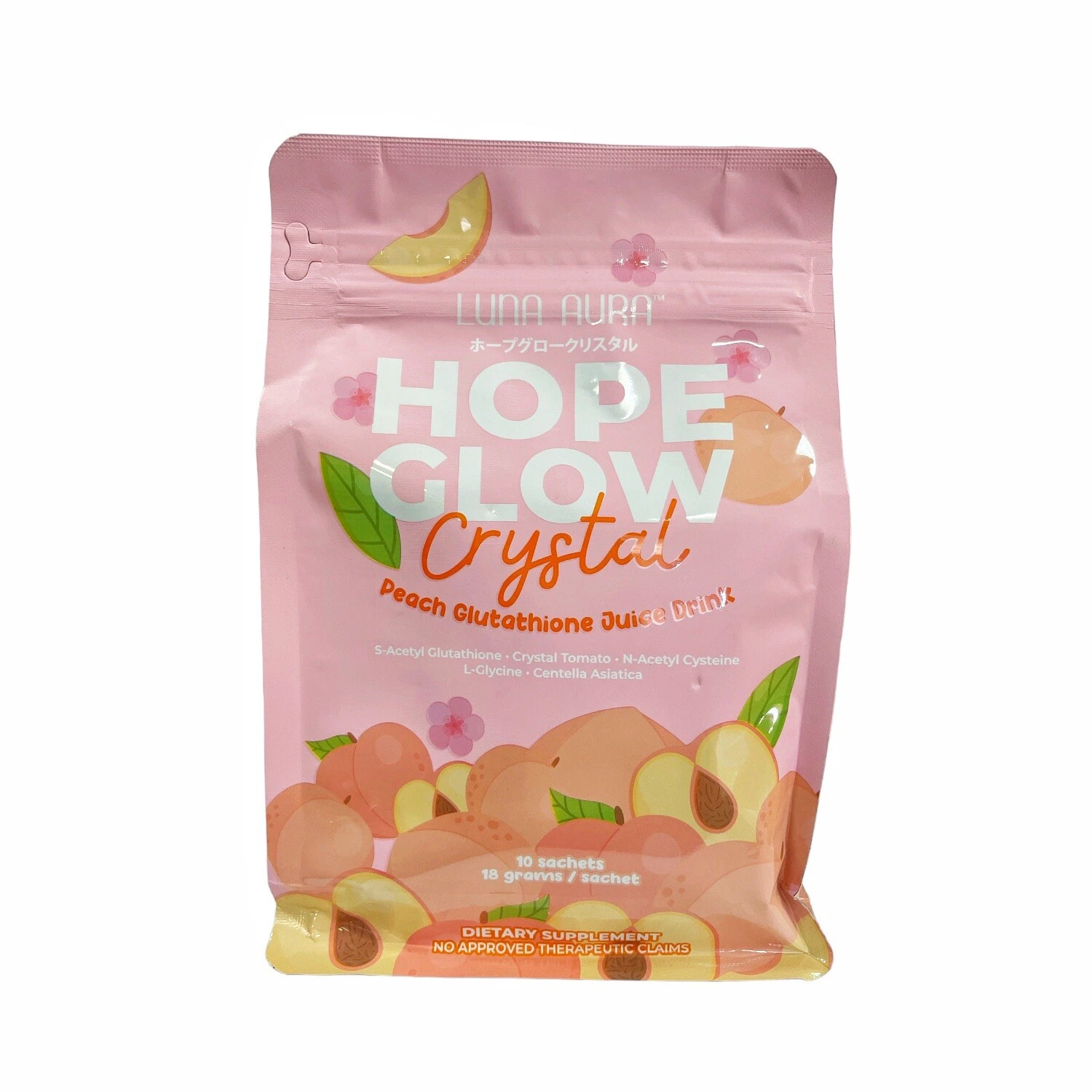 Hope Glow CRYSTAL Peach Glutathione Juice Drink, 10 Sachets x 18g