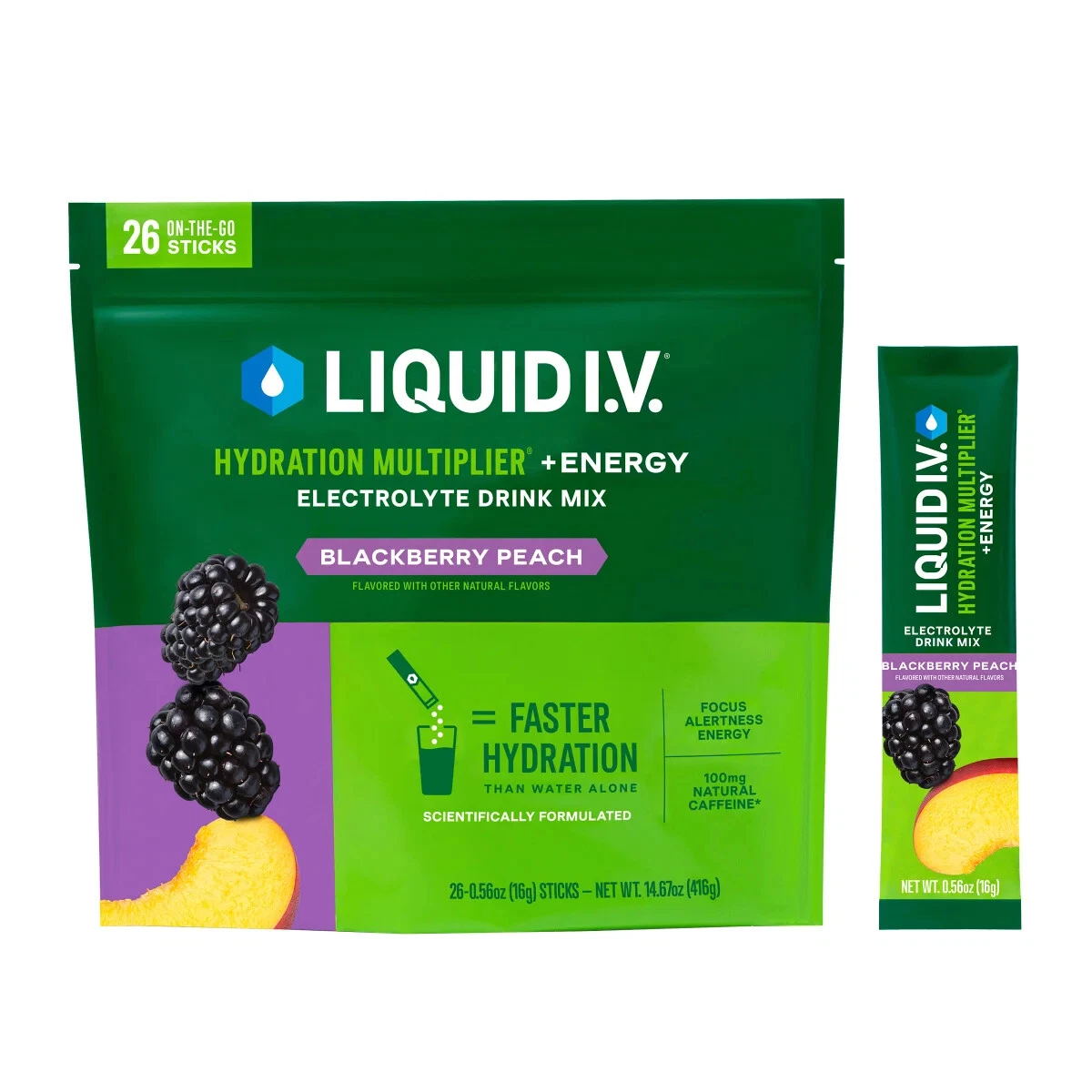 Liquid I.V. Energy Multiplier Blackberry Peach 26 Individual Stick Packs