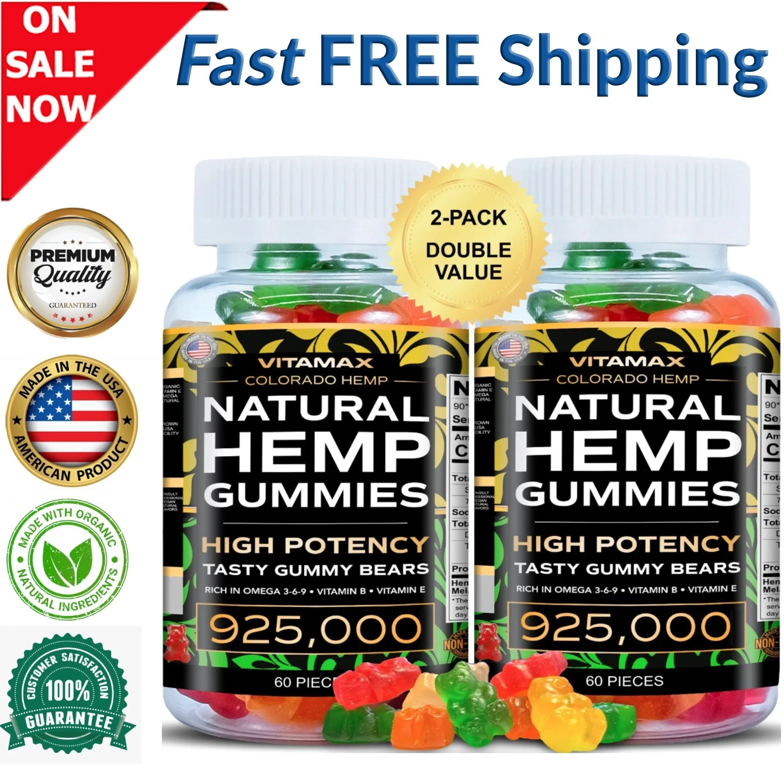 Premium Gummies. Pain Stress, Anxiety, Sleep - 120 Ct, FREE SHIP