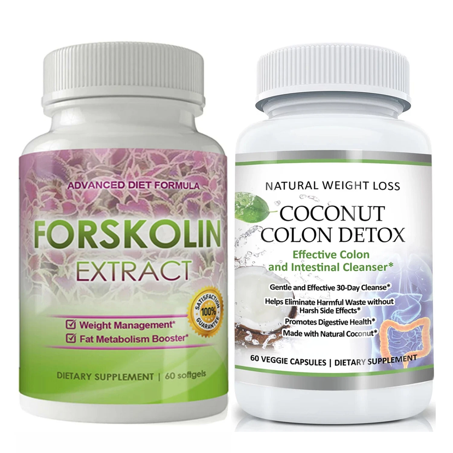 Coconut Colon Detox Cleanse & Forskolin Weight Loss Fat Burner Capsules Combo