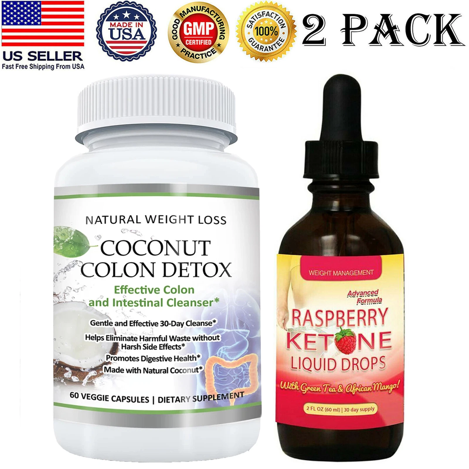 Raspberry Ketone Drops Fat Burner & Coconut Colon Detox Weight Loss Supplements