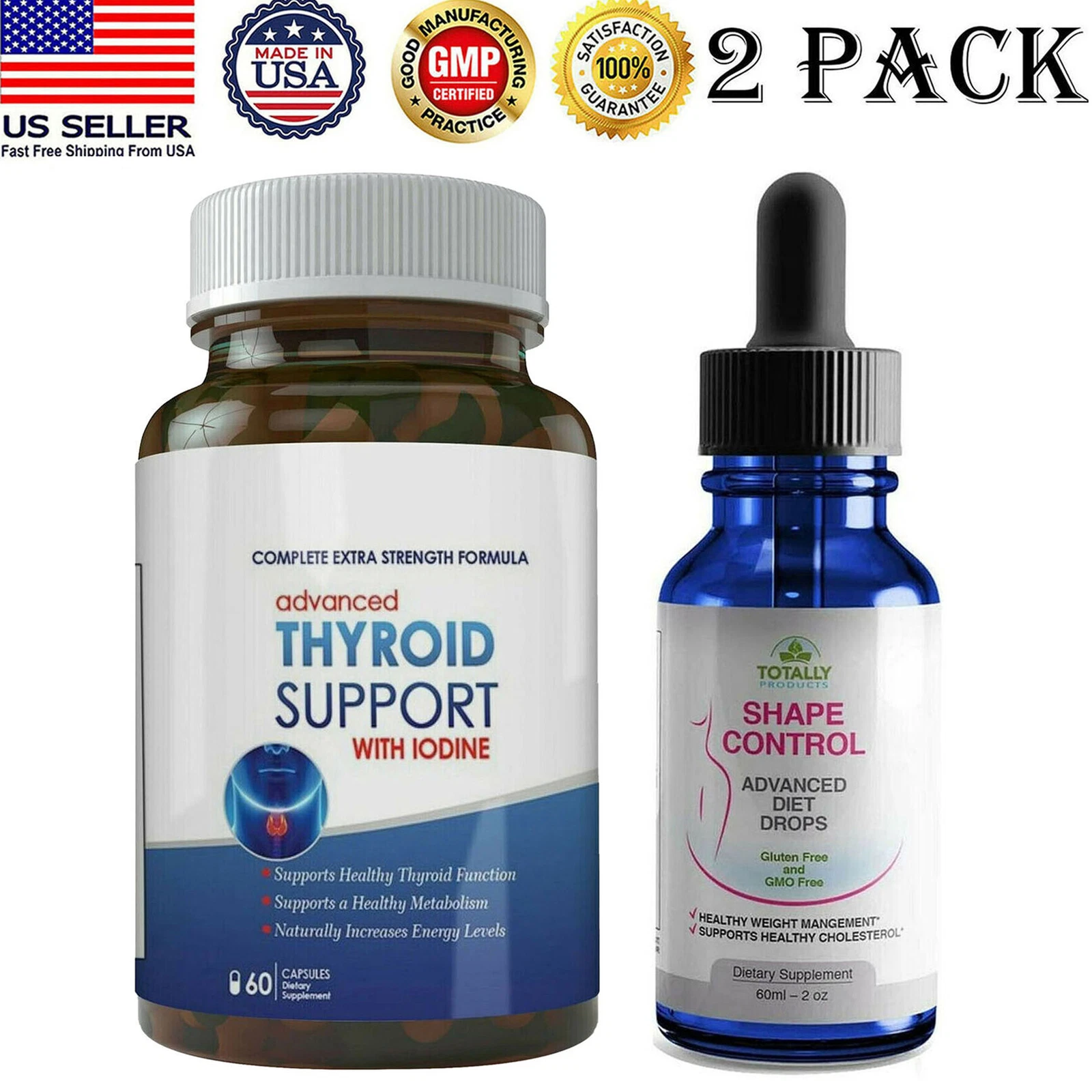Thyroid Support with Iodine Capsules Natural Diet Shape Weight Loss Drops 2 Pack