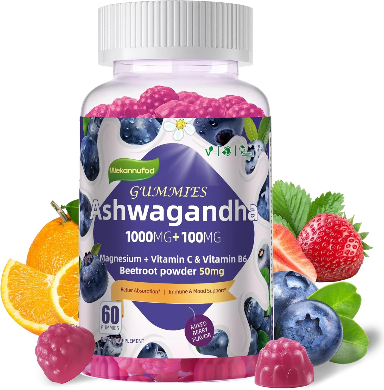 Ashwagandha Gummies 1000Mg & Vitamin D3 Gummies 60 Count Organic Root Extract St