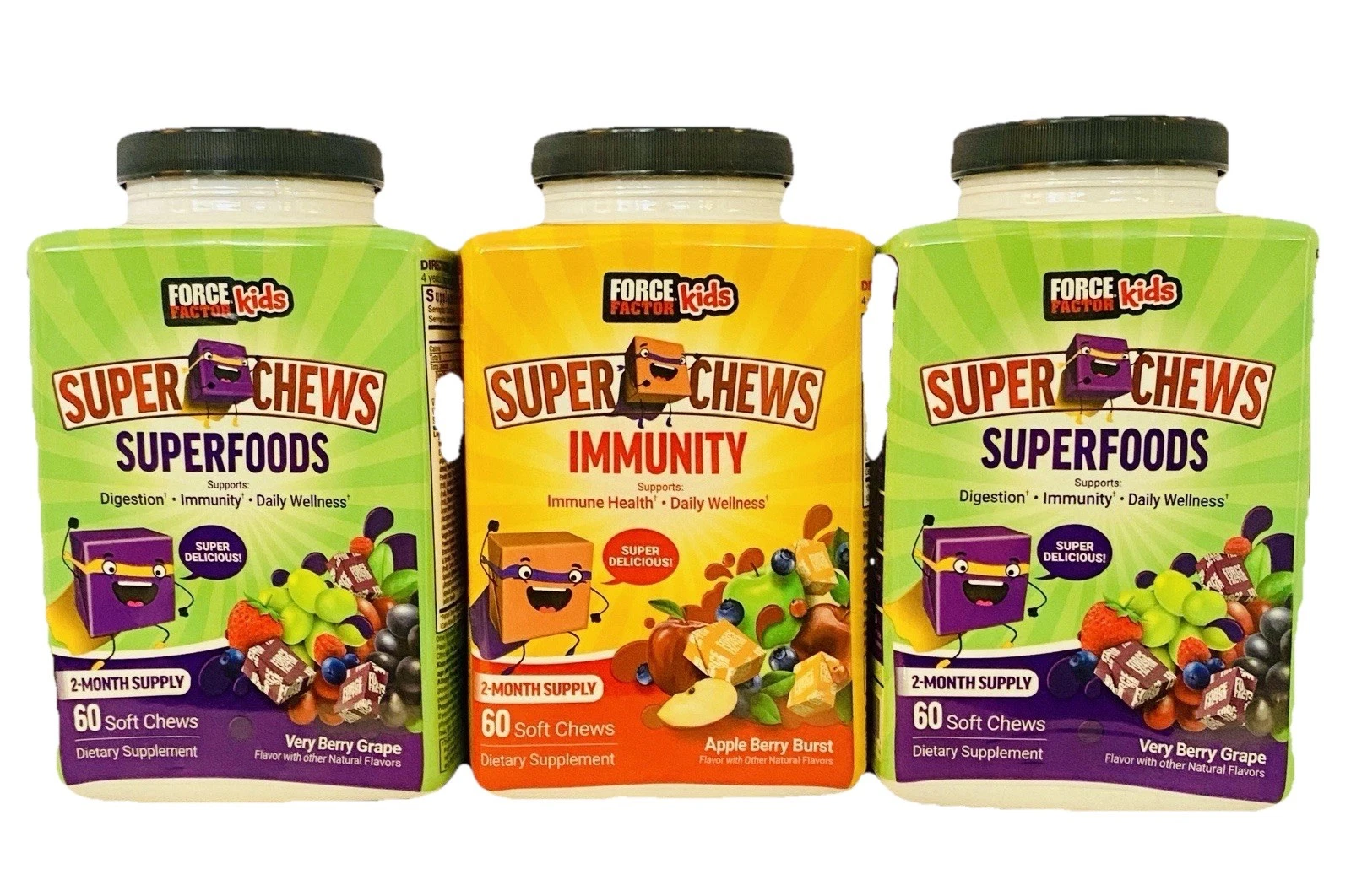 Lot 3 FORCE FACTOR KIDS Super-Chews 2 SUPERFOODS, 1 IMMUNITY 60 ct Each EXP 2/26