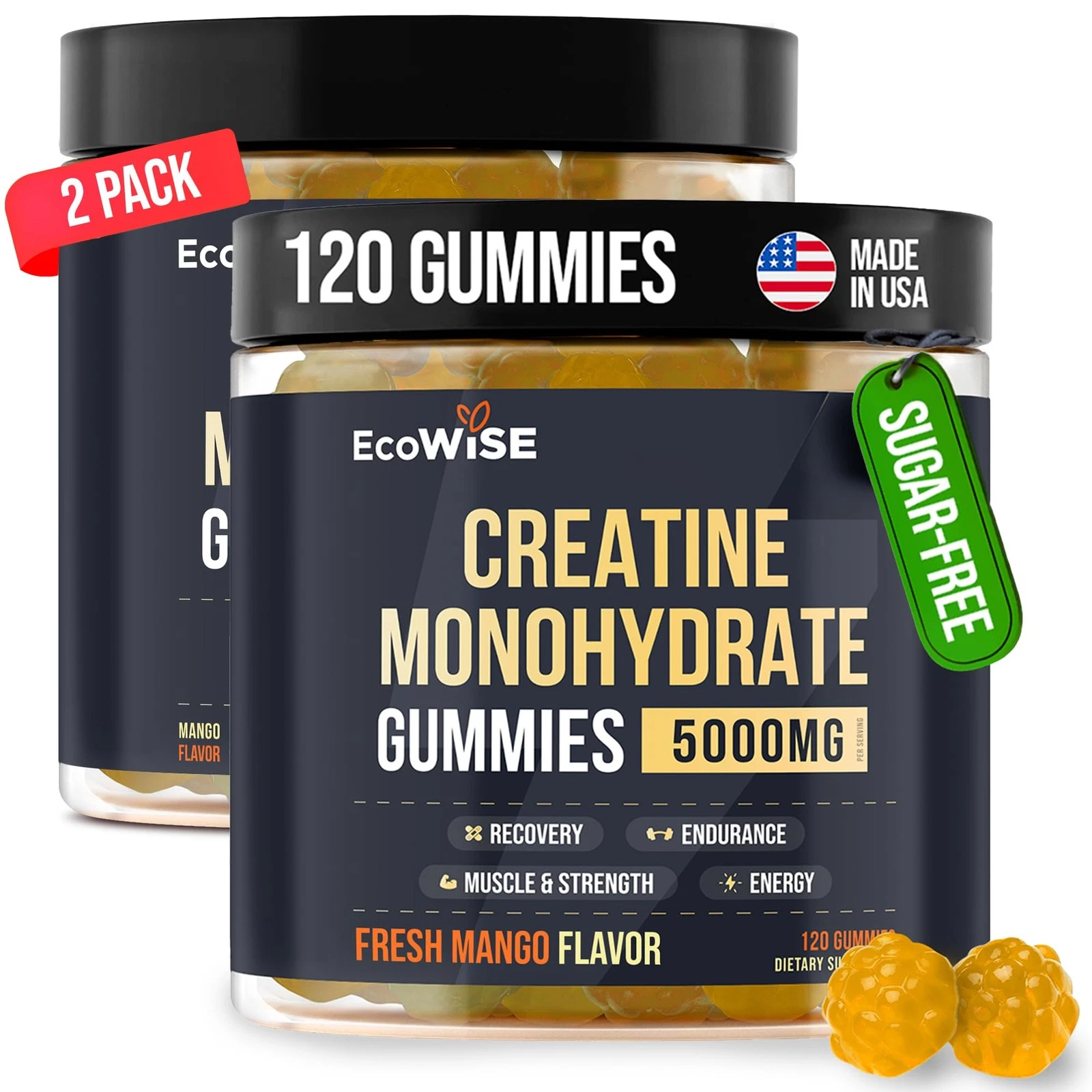 2 Pack Creatine Monohydrate Gummies 5000 mg, Fresh Mango Flavor, 120 Sugar-Fr...