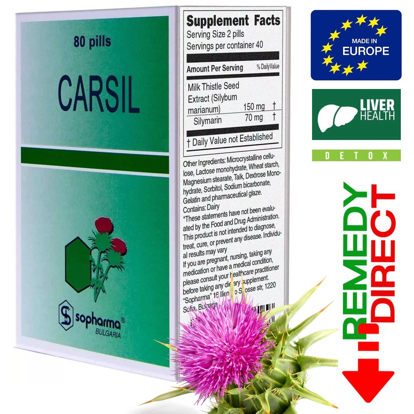 Natural Liver Detox CARSIL - 80 Tablets Milk Thistle Seed Extract 22.5mg