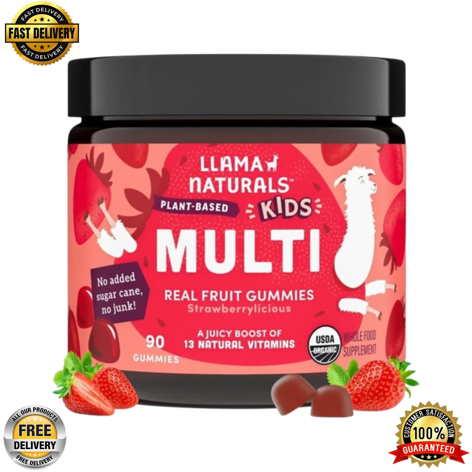 Llama Naturals Kids Multivitamin 90 Gummy, Vegan, Organic with Vitamin D, C & K