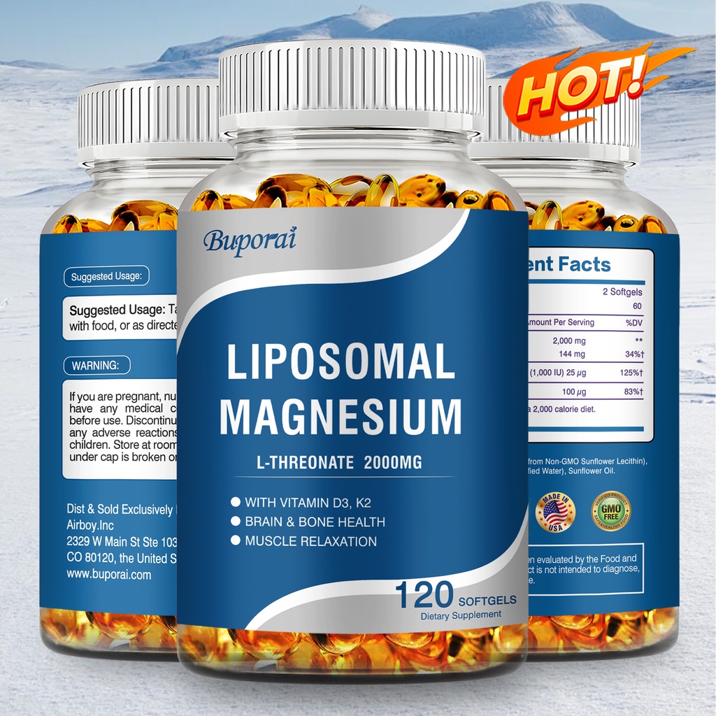Liposomal Magnesium L-Threonate 2000mg -Vitamin D3, K2 - for Brain, Heart, Bones