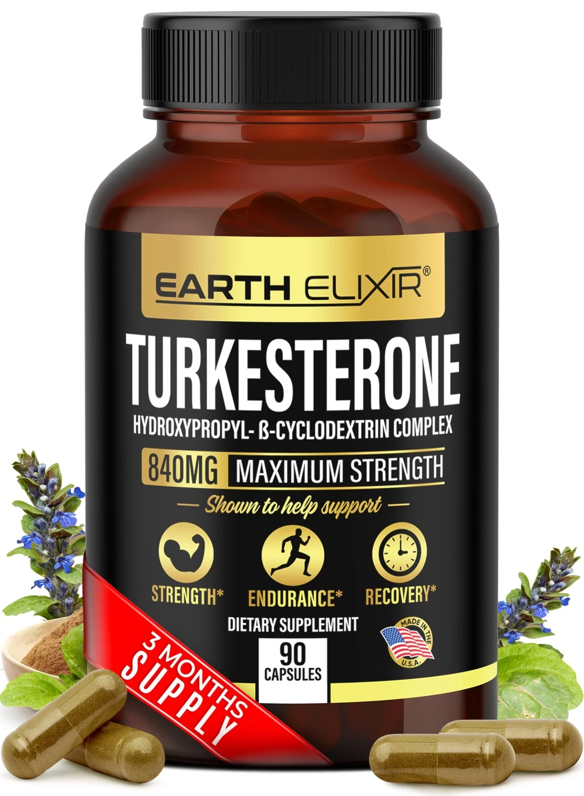 Earth Elixir Turkesterone 840 mg (90 Capsules) – Made in USA - 3rd Party Tested
