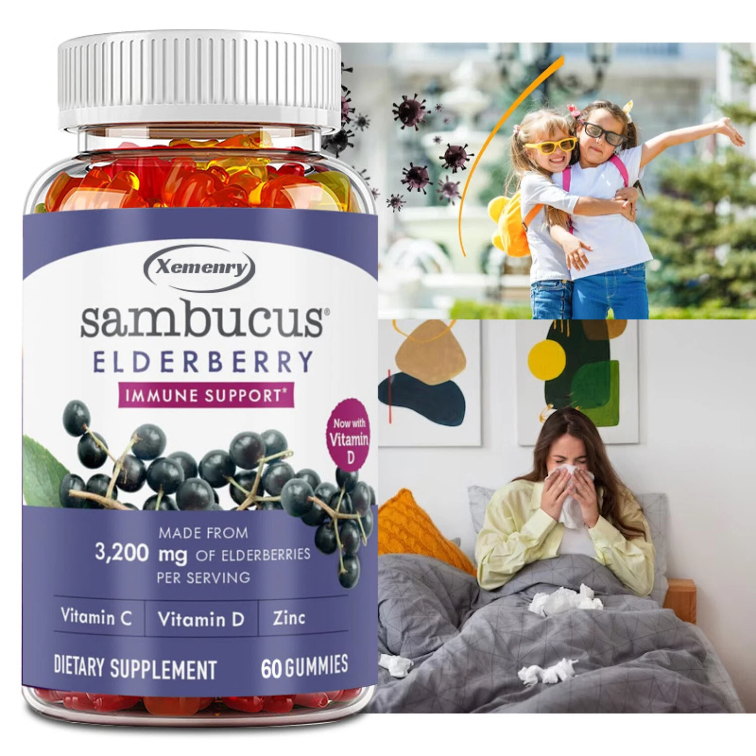 Sambucus Elderberry 3,200mg - with Vitamin C, Immune System Support Supplements