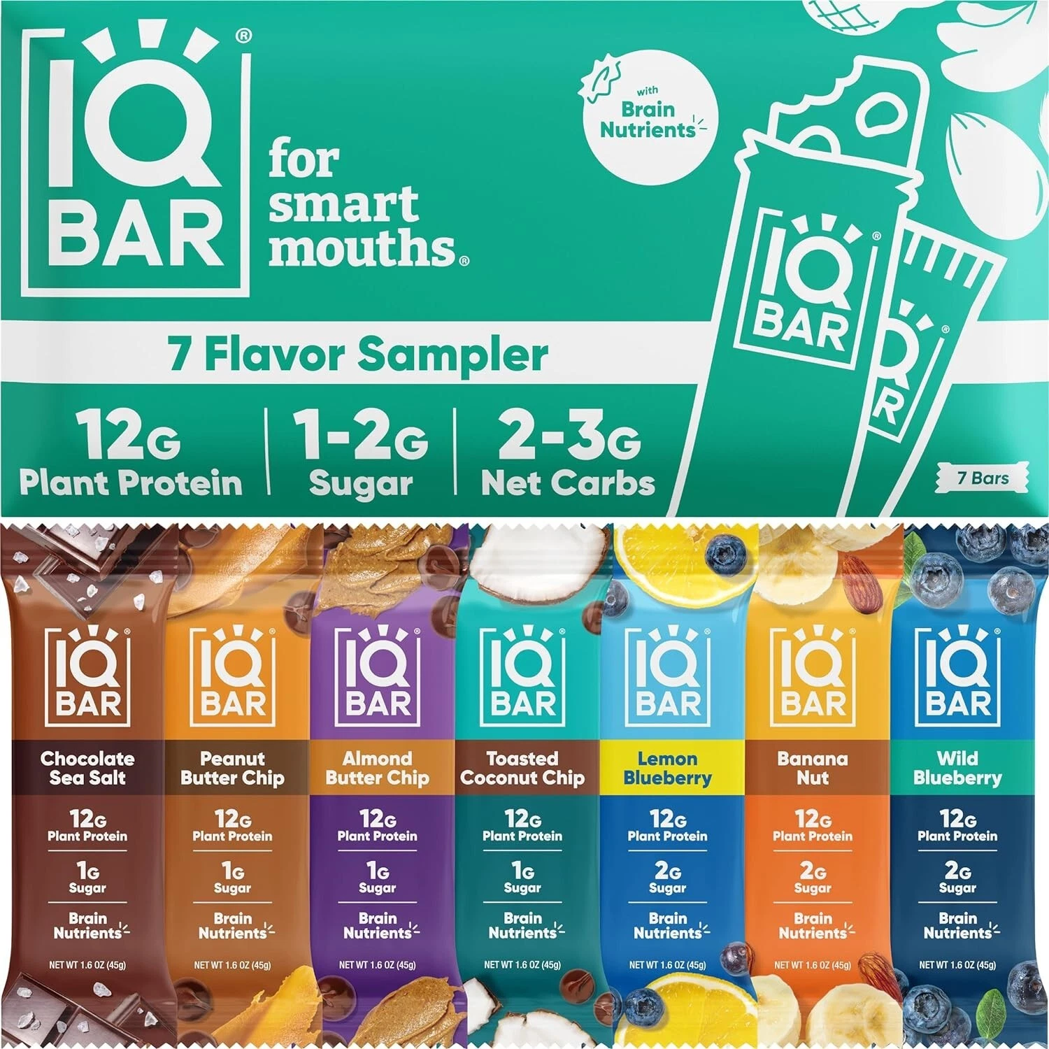 IQBAR Brain and Body Plant Protein Bars - 7 Bar Sampler Pack - Energy Bars