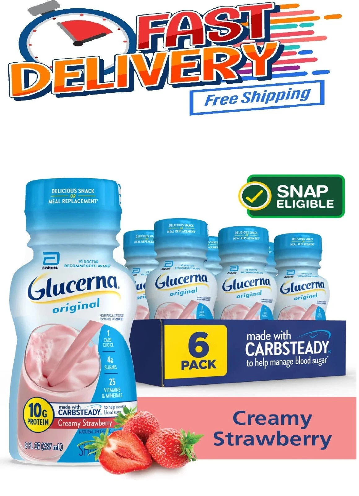 Glucerna Nutritional Shake, Creamy Strawberry, 8-fl-oz Bottle, 6 Count