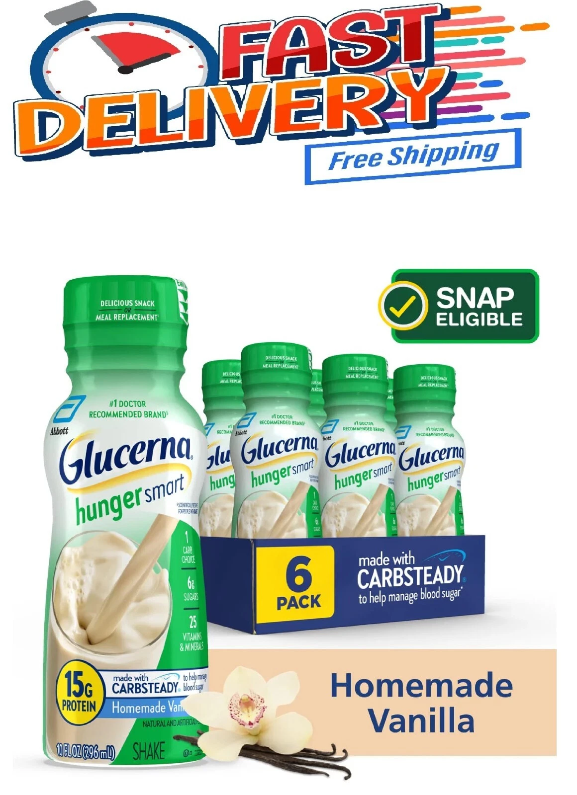 Glucerna Hunger Smart Shake, Homemade Vanilla, 10-fl-oz Bottle, 6 Count