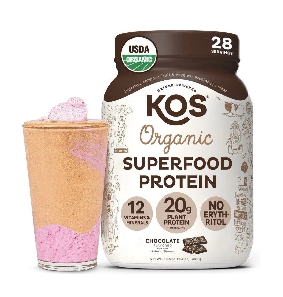 KOS Organic Plant Protein Powder, Chocolate - 1170g (30 Servings)