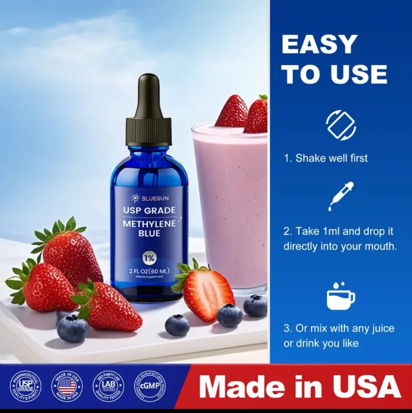 Bluesun Methylene Blue 1% USP Pharmaceutical Grade 1200mg! - Ultra Pure 2oz USA