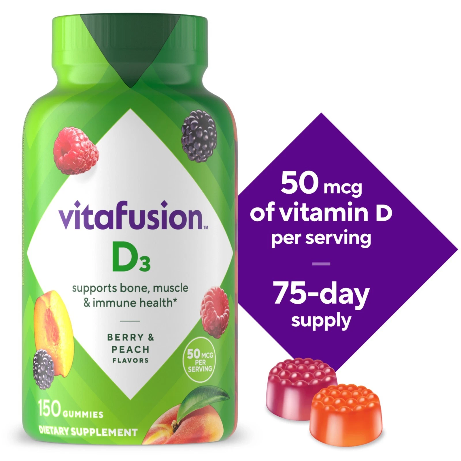 vitafusion Vitamin D3 Gummy Vitamins Peach Blackberry Strawberry Flavored 150 ct