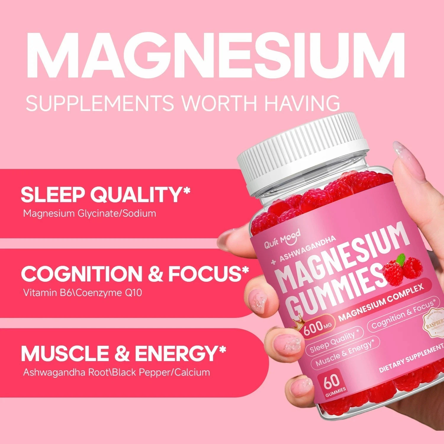 Magnesium Glycinate Gummies with Ashwagandha, Calcium, B6, CoQ10 - Sleep Calm