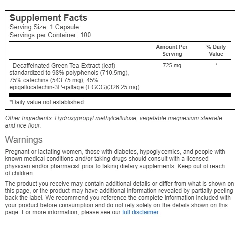 Vitacost Decaffeinated Green Tea Extract - Weight Management - 100 Caps 6/2027