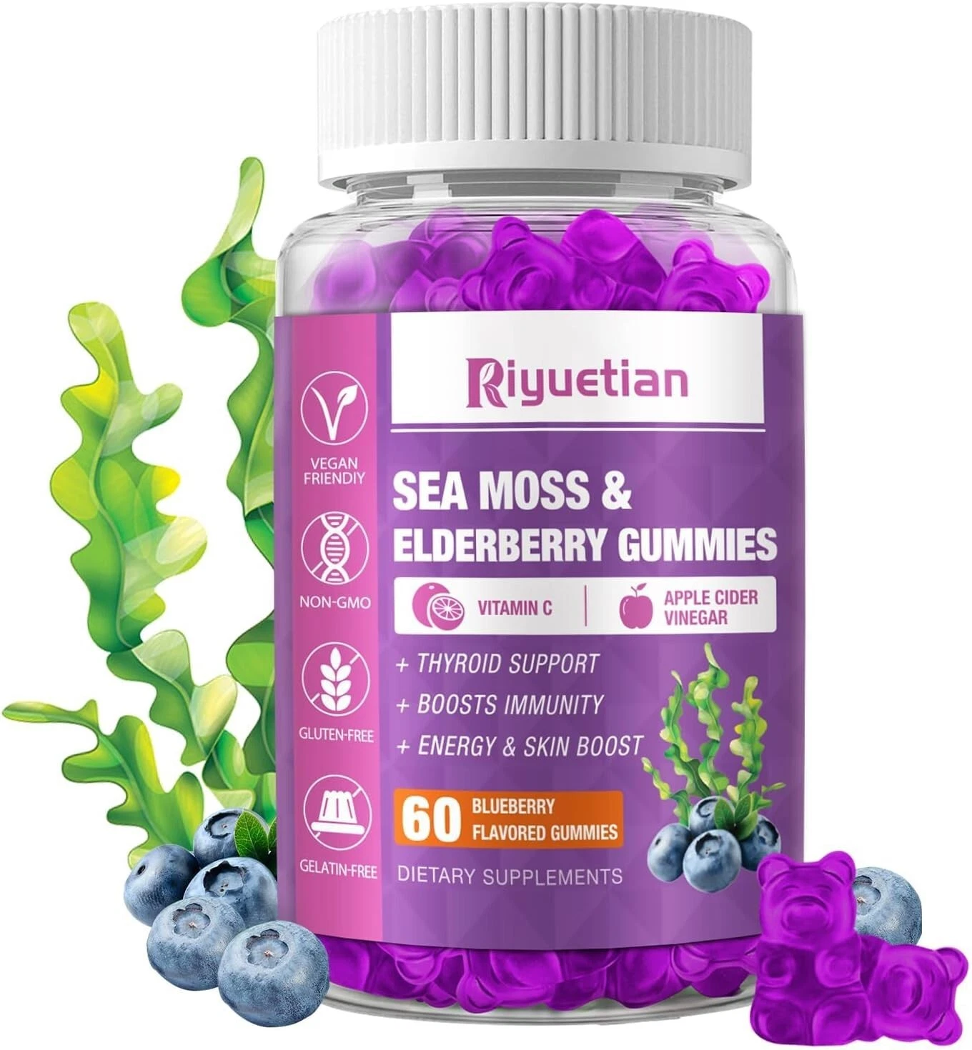 Riyuetian Sea Moss Gummies & Elderberry - Vitamin C + Zinc –60 Natural Gummies