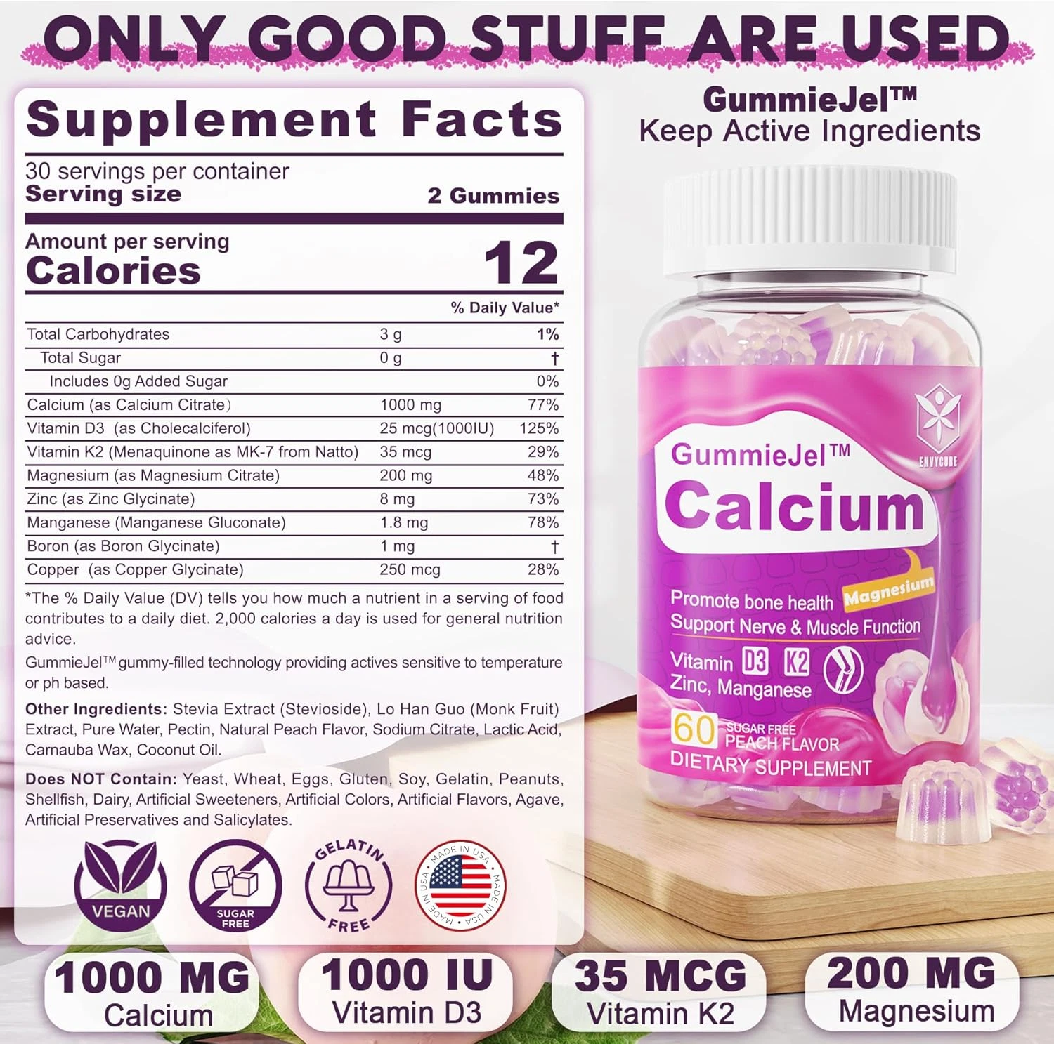 Sugar-Free Calcium Citrate Gummies 1000Mg W/Vitamin D3 K2, Magnesium, Zinc, B...