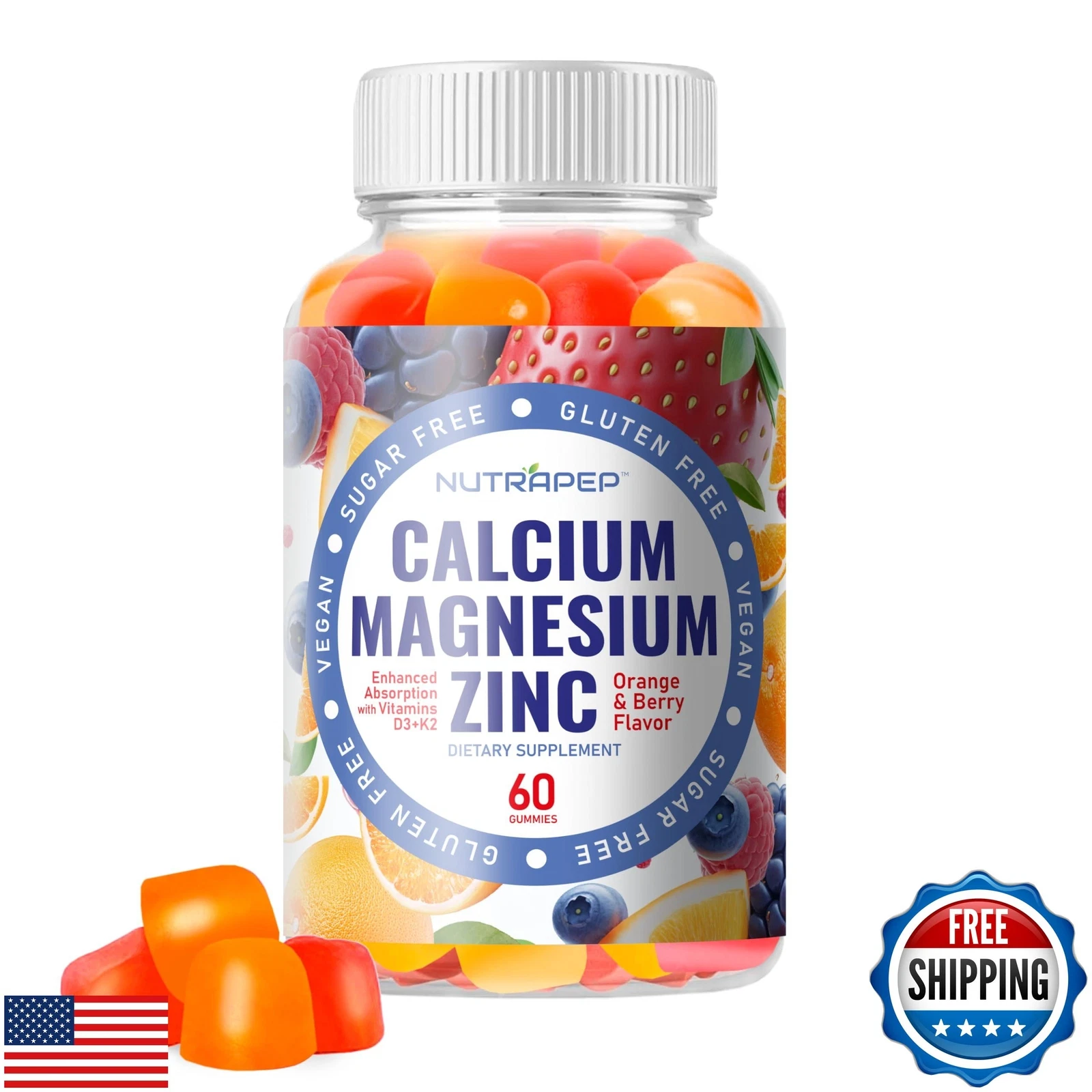 NutraPep Calcium Magnesium Zinc Supplement Gummies - with Vitamin D3 K2 Magne