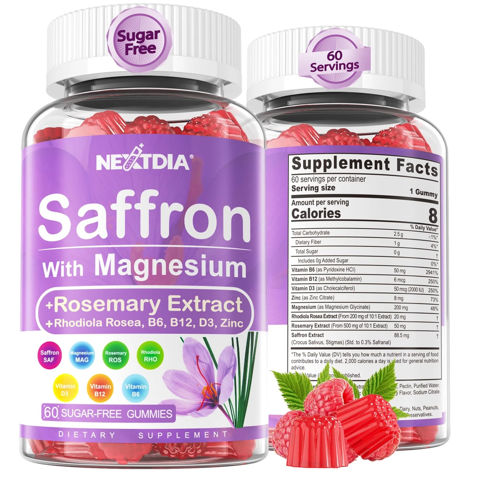 Saffron with Magnesium Glycinate Gummies, 2 Months Supply -Sugar Free Magnesium