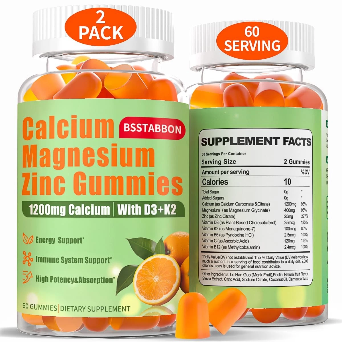 Calcium Magnesium Zinc Gummies for Adult: 1200mg Calcium Citrate 400mg Magnesium
