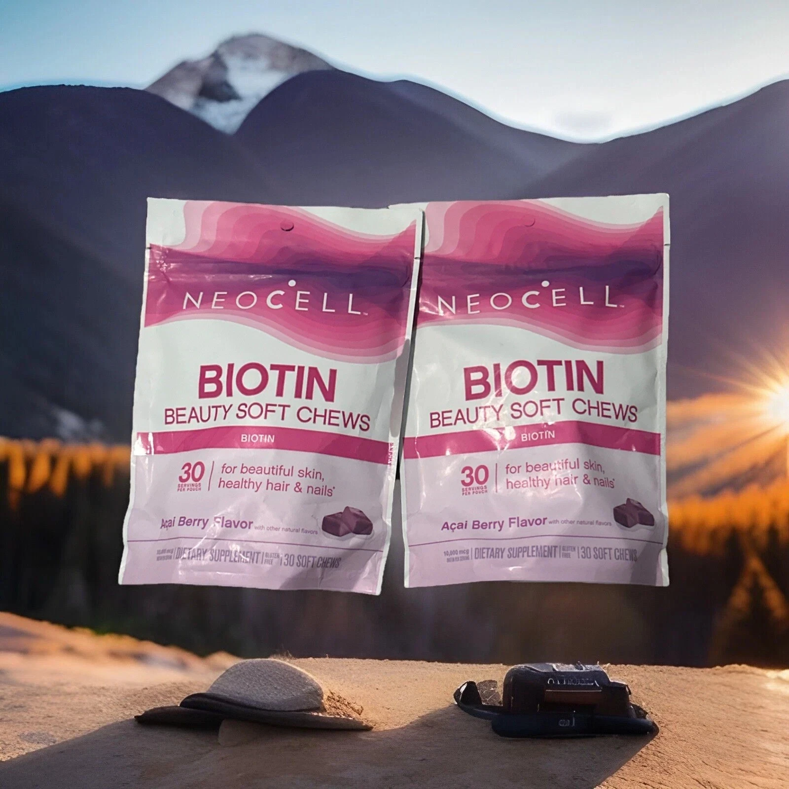LOT OF 2 - NEOCELL Biotin Beauty Soft Chews Acai Berry - 30 Ct Bags NEW & SEALED