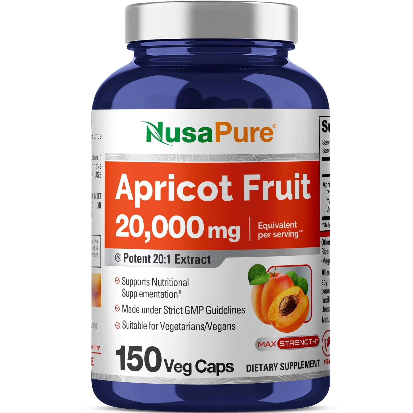 NusaPure Apricot Extract 20000mg 150 Veggie Capsules Extract 20:1, Vegan