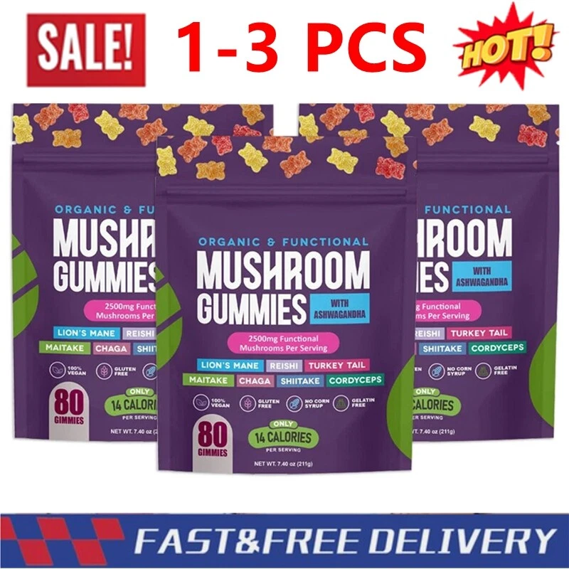 1-3PCS Organic Functional Mushroom Gummies Ashwagandha 80 Counts Fruit Flavor
