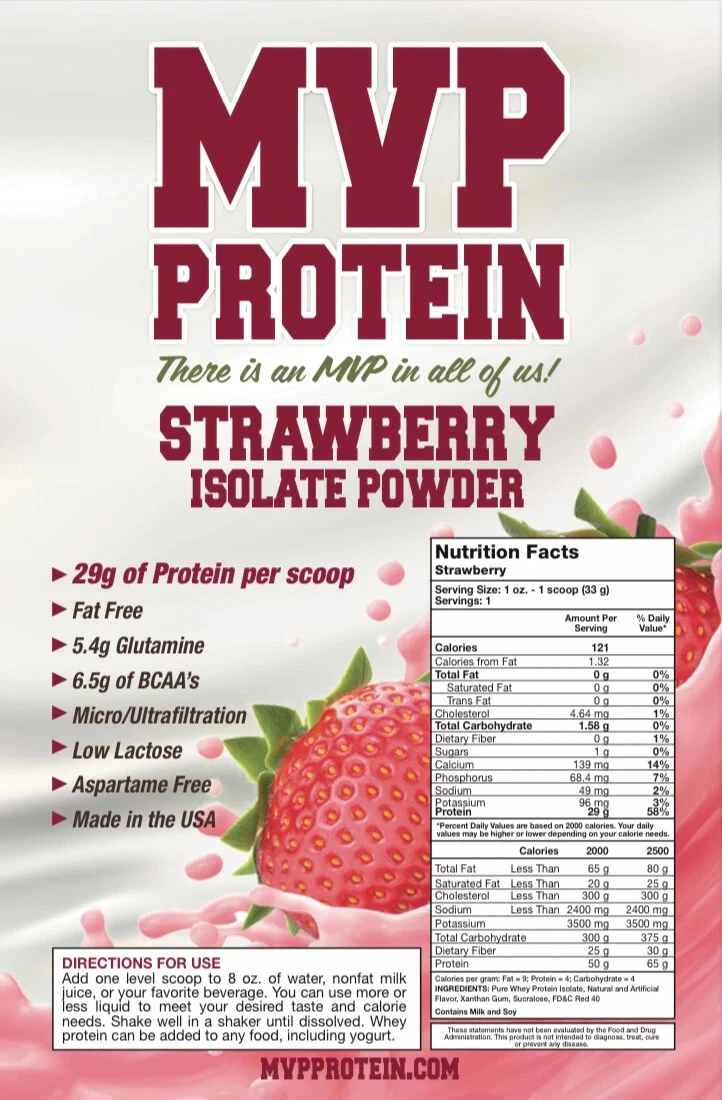 "MVP PROTEIN" "STRAWBERRY" WHEY ISOLATE PROTEIN POWDER- 12 SINGLES (12 PACKS)