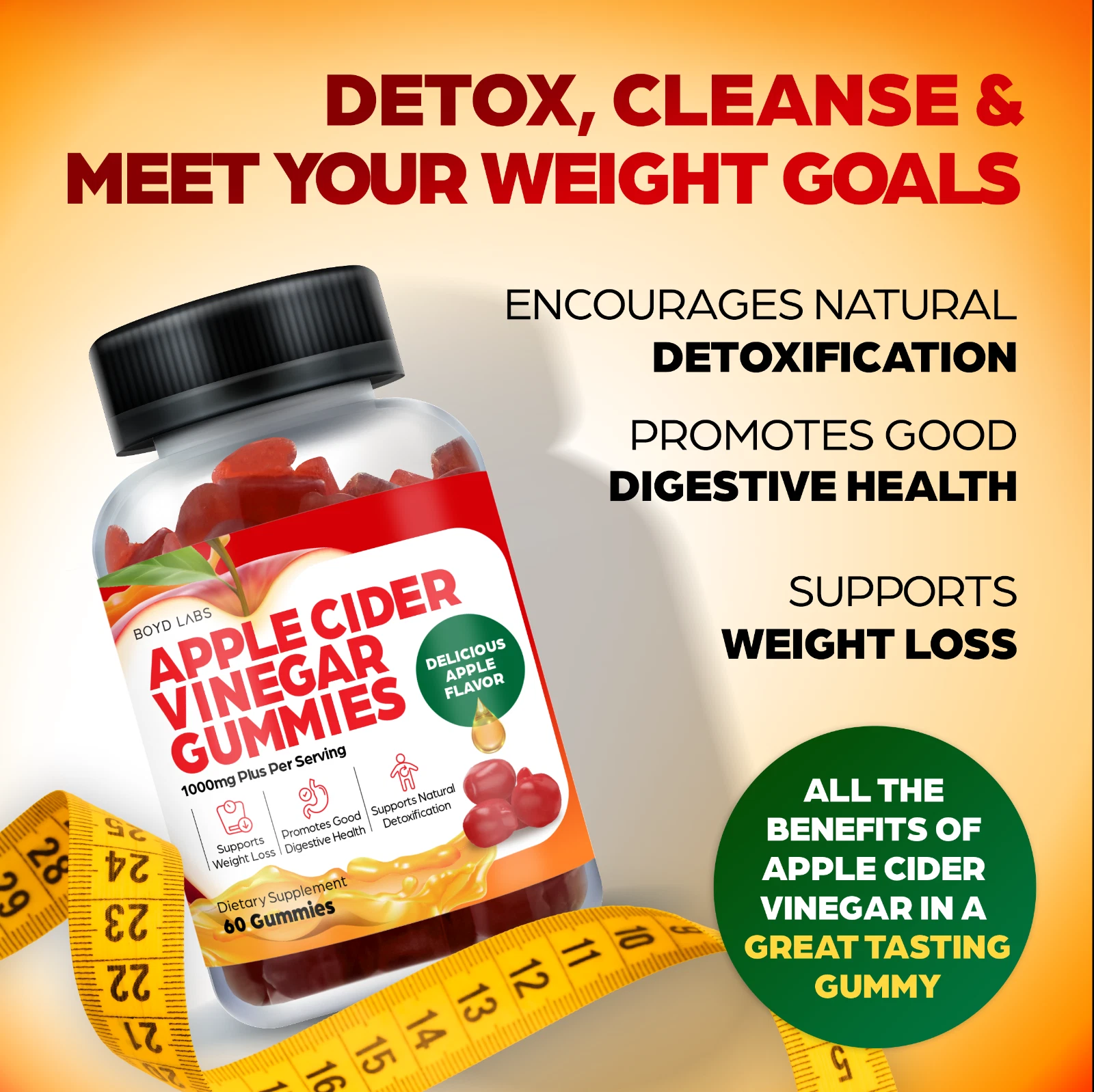 Apple Cider Vinegar Gummies, 1000mg, Premium Weight Loss, Detox, Cleanse