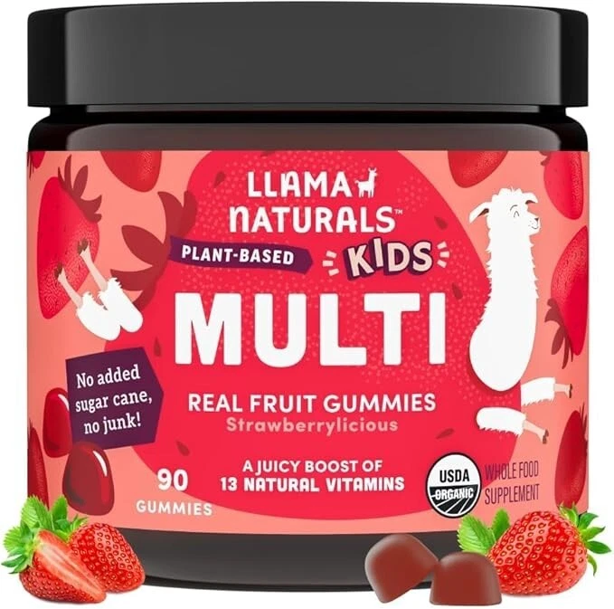 Llama Naturals Kids Multivitamin 90 Gummy, Vegan, Organic with Vitamin D, C & K
