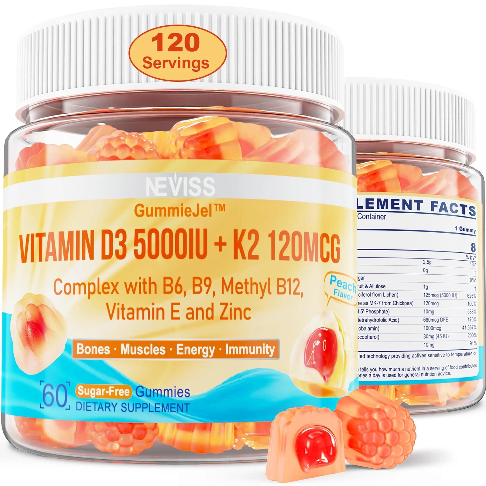Vitamin D3 5000IU + K2 MK-7 120mcg Sugar-Free Vitamin D3 K2 Filled Gummies wi...
