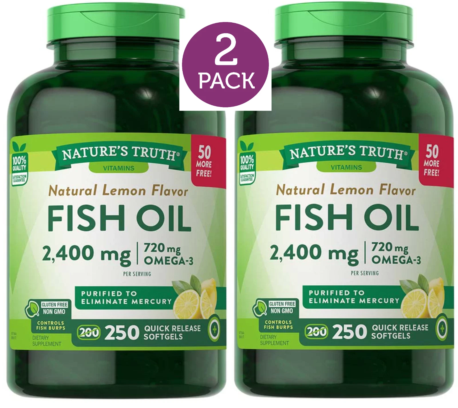 2 Pack Fish Oil 500 Softgels 2,400 mg Mercury Free Lemon Flavor Omega-3 Non-GMO